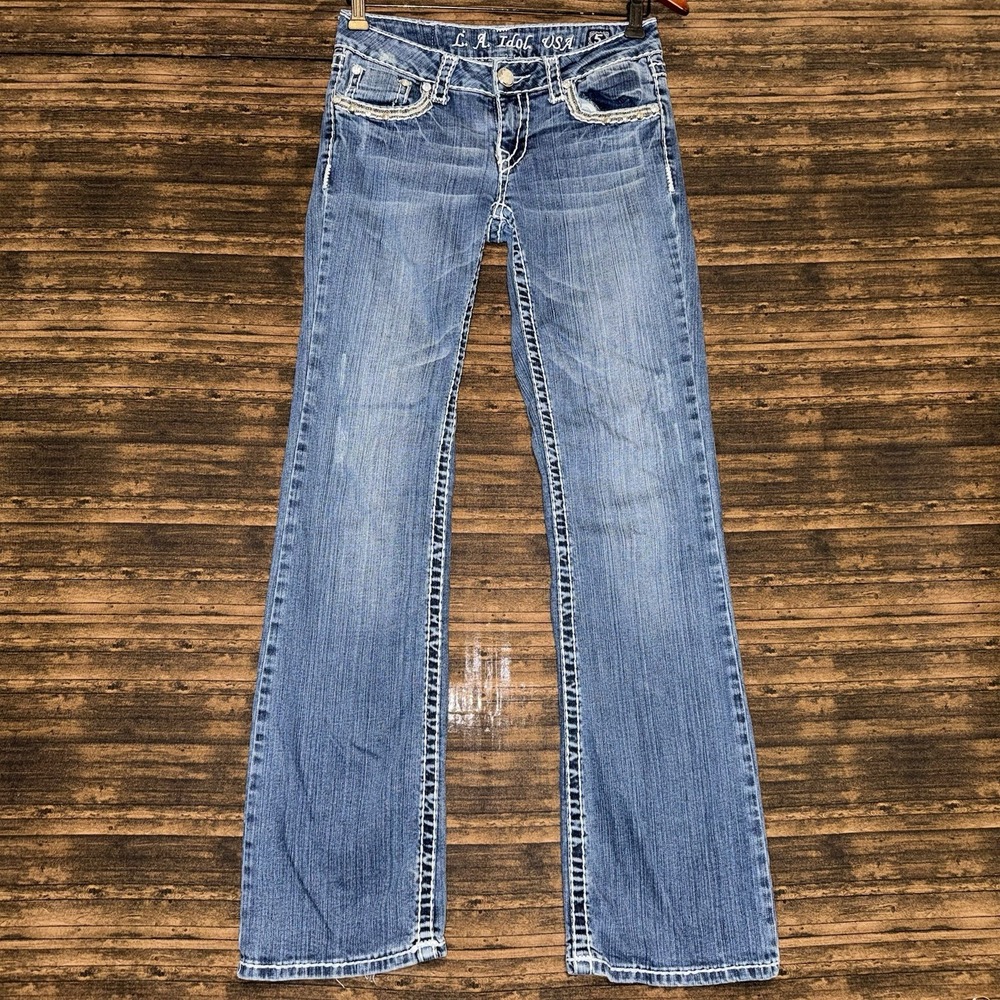 LA Idol Denim Jeans Womens Size 5 (29 x 33) Blue Embroidered Bedazzled Jewels